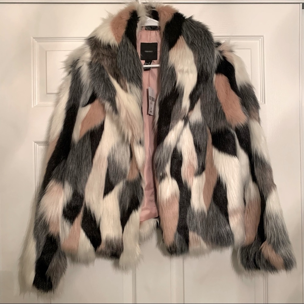 Black, pink, cream faux fur coat
